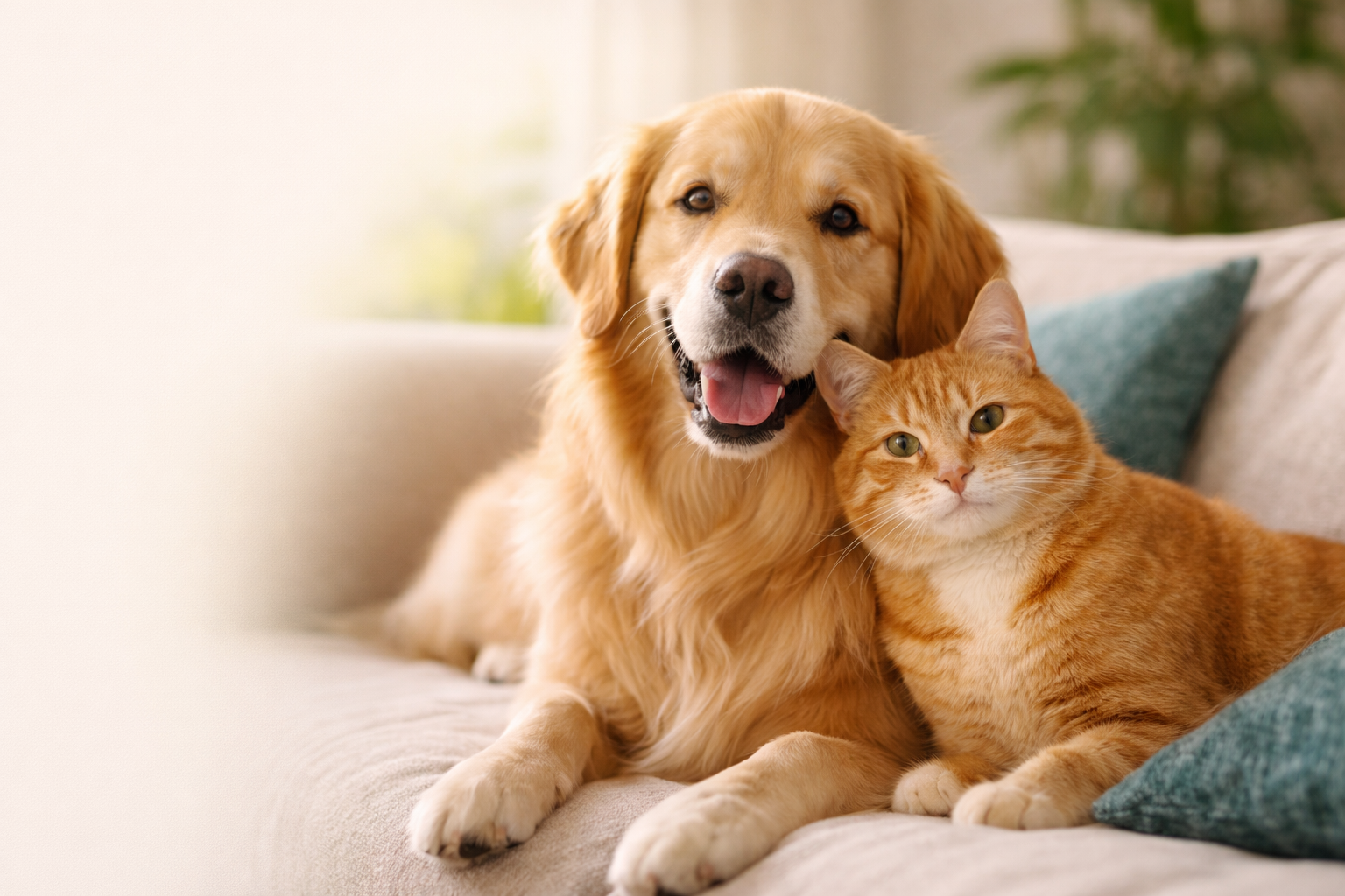 A golden retriever and orange tabby cat sitting together on a couch