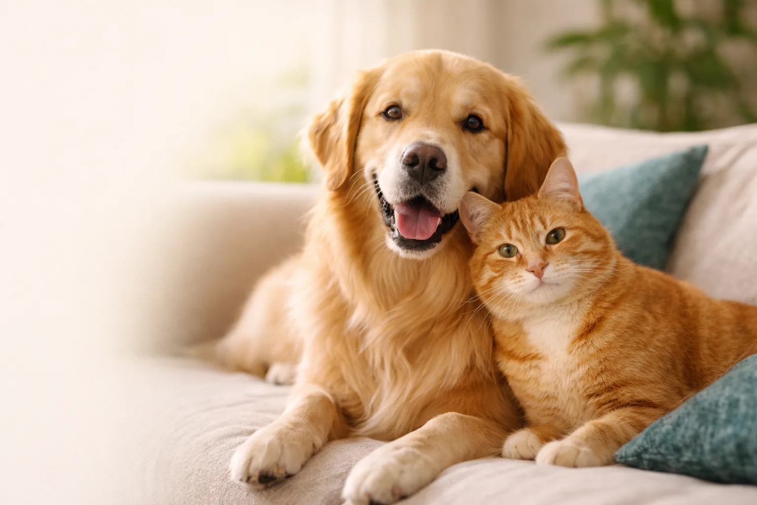 A golden retriever and orange tabby cat sitting together on a couch